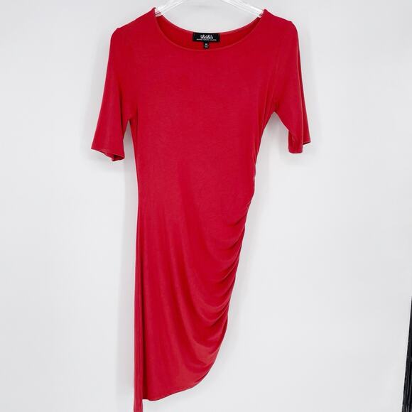 Lulu’s Asymmetrical Bodycon Dress Medium Short Sleeve Fitted Ruched Rust Brick - Picture 1 of 8